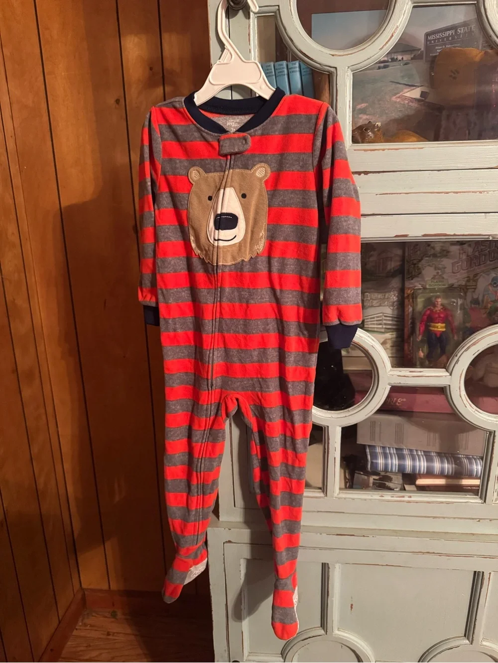 Kids Carters Red and Gray Striped Bear One-Piece Footed Pajamas Size 3T C2